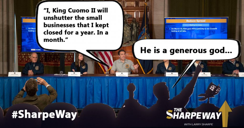 A meme that says Cuomo is a generous God for announcing that entertainment venues can reopen on April 2.